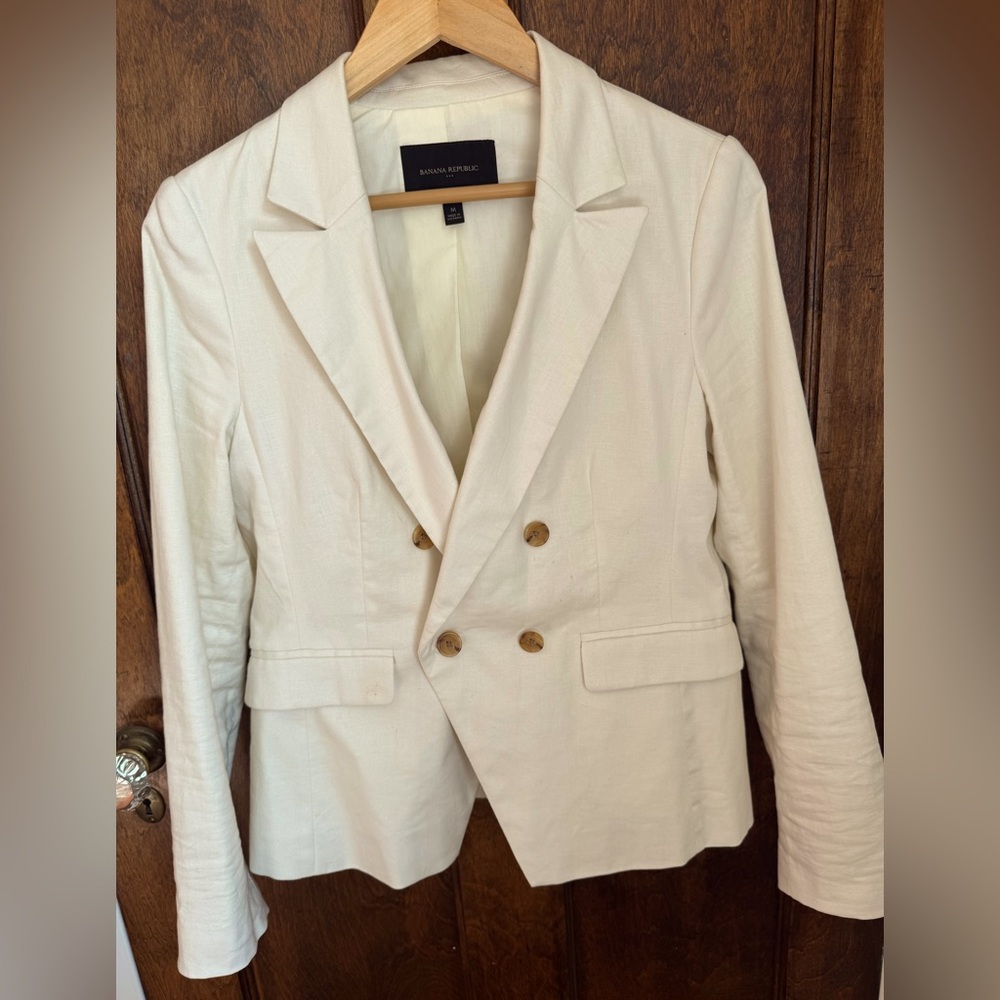 Banana Republic Cream Double-Breasted Lined Linen Blazer Women’s M